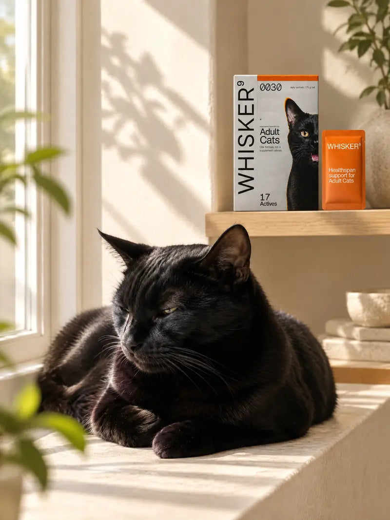 A black cat resting on a sunny windowsill, with a Whisker9 box and sachet on a shelf behind