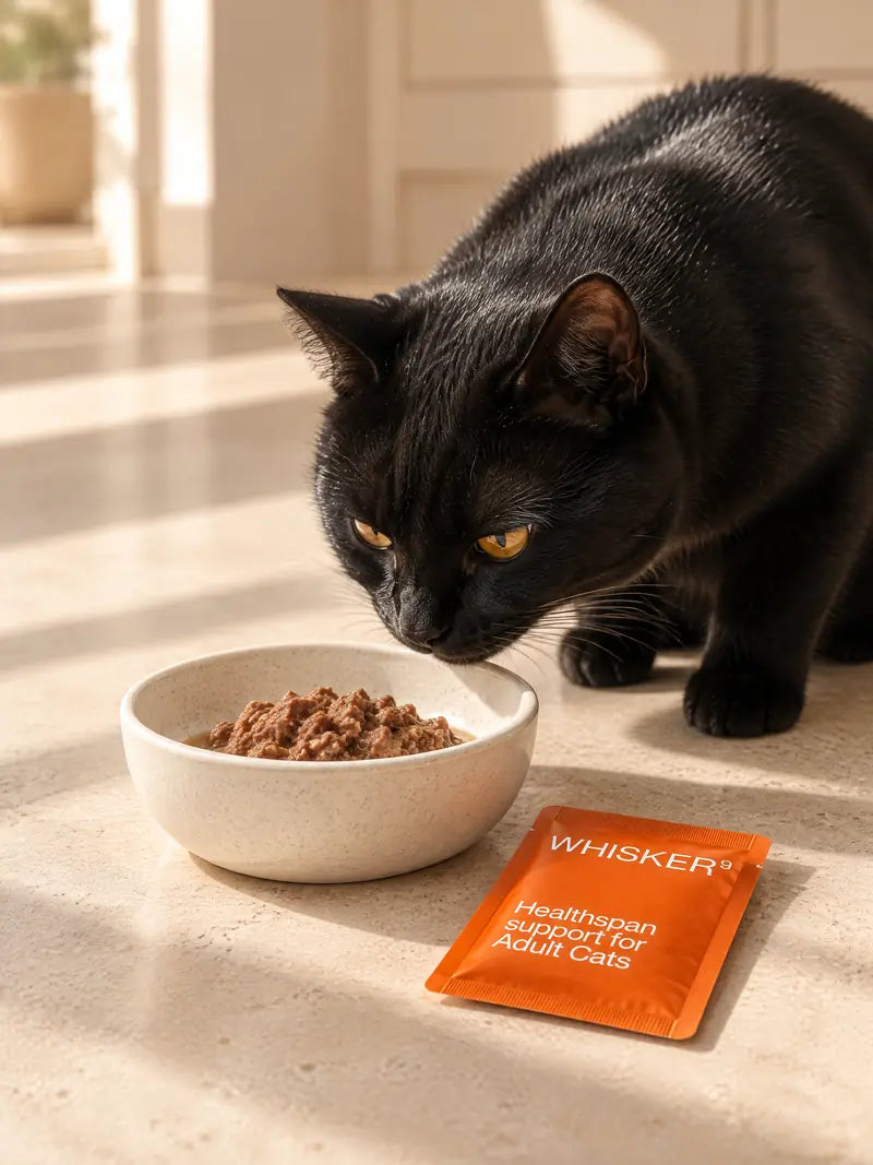 A black cat sniffing a bowl of wet food, with an open orange Whisker9 sachet beside it