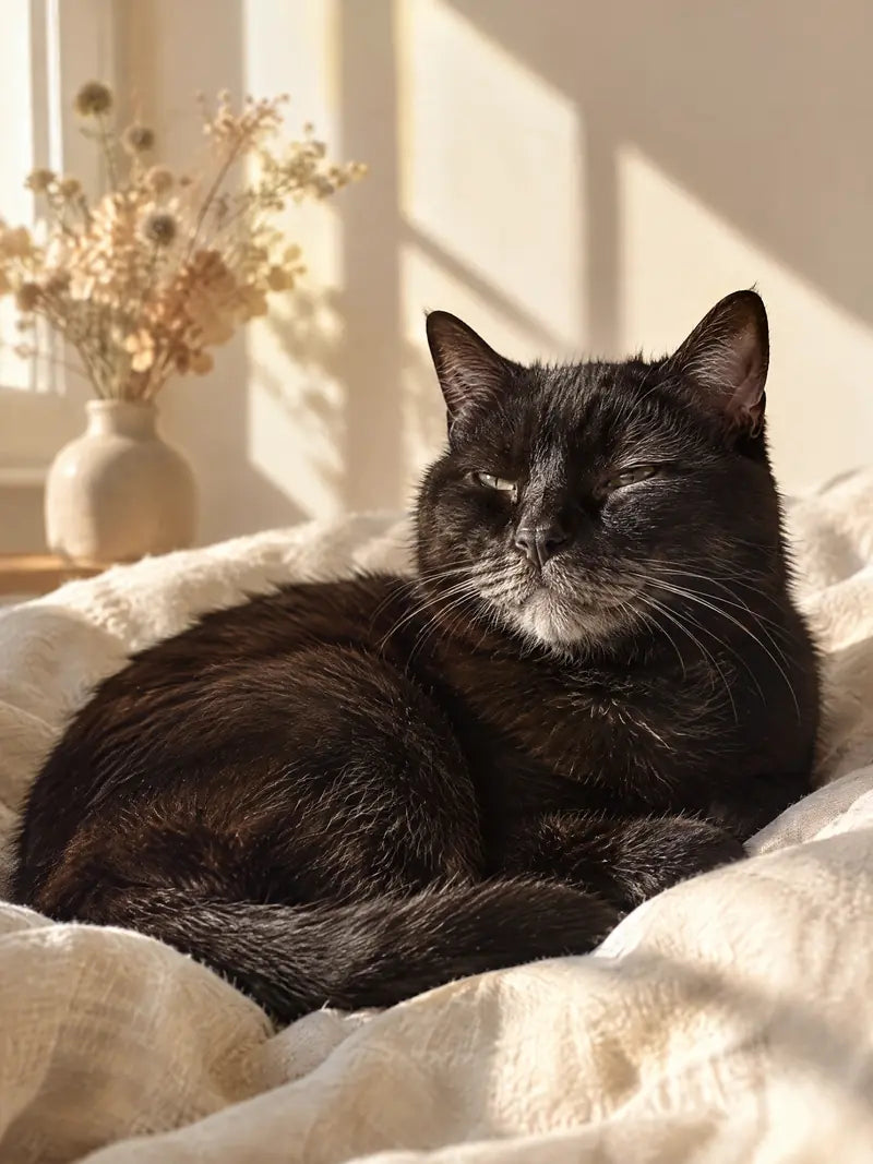 An older black cat with a greying muzzle resting on a cream blanket in afternoon sun