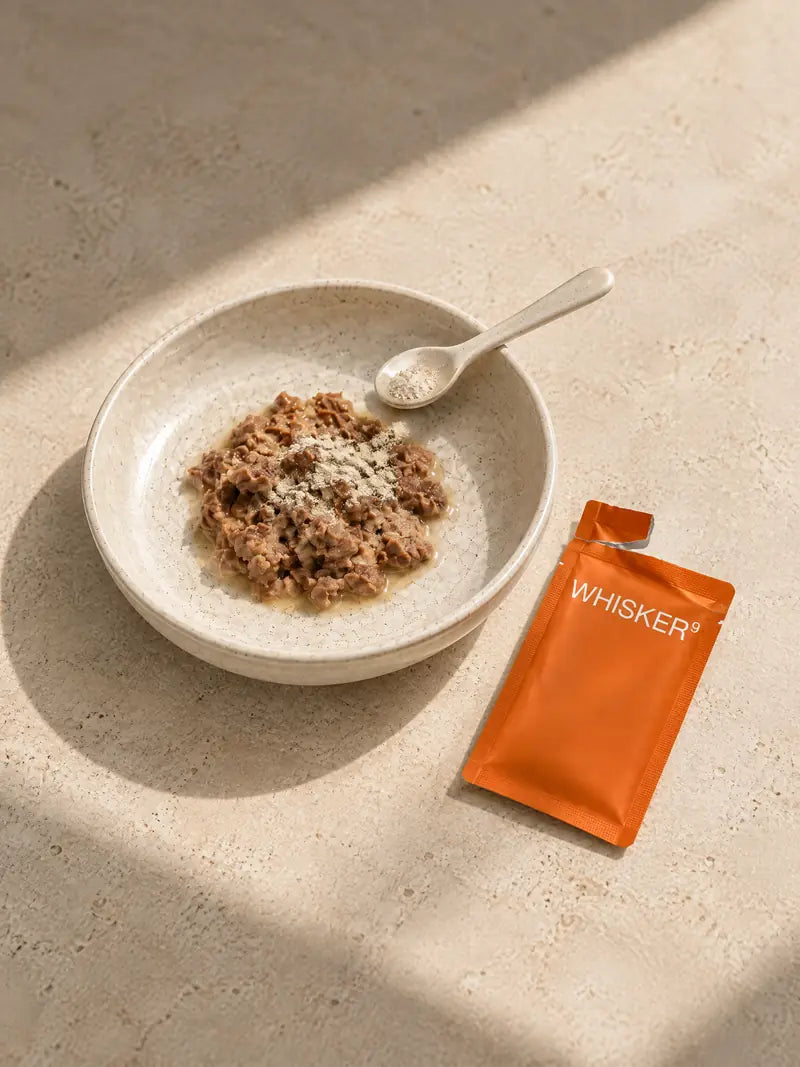 A bowl of wet cat food with Whisker9 powder mixed in, next to an open orange sachet