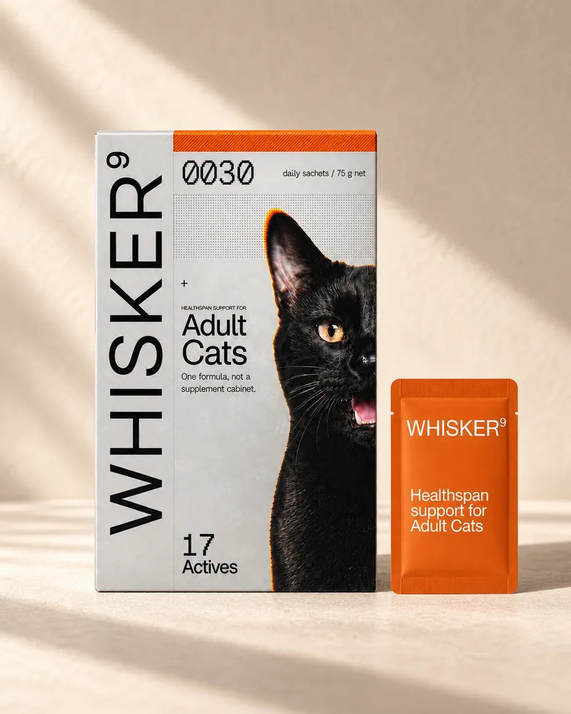 Whisker9 packaging concept with 17 disclosed actives and an orange daily sachet